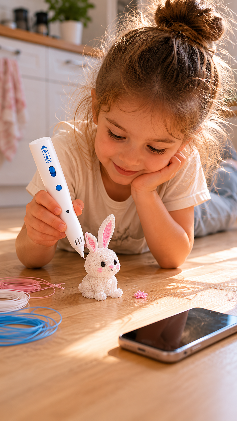 Une fillette allongée sur le parquet admire un lapin blanc aux oreilles roses créé au stylo 3D