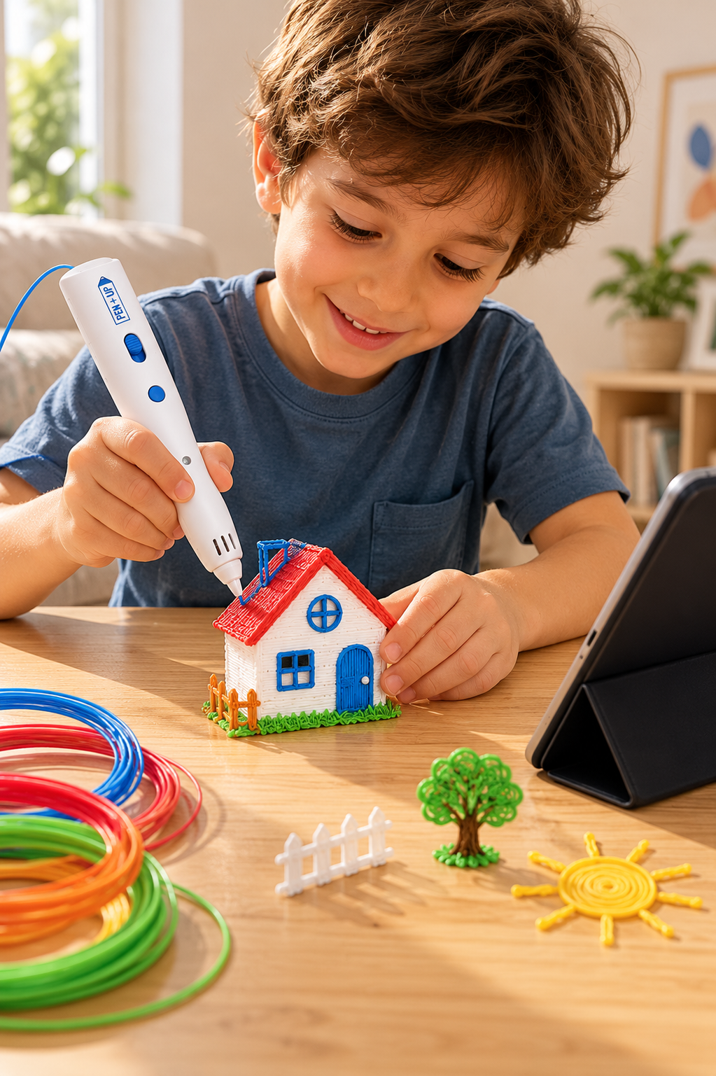 Un garçon souriant construit une maisonnette blanche au toit rouge au stylo 3D, entouré de bobines de filament multicolores