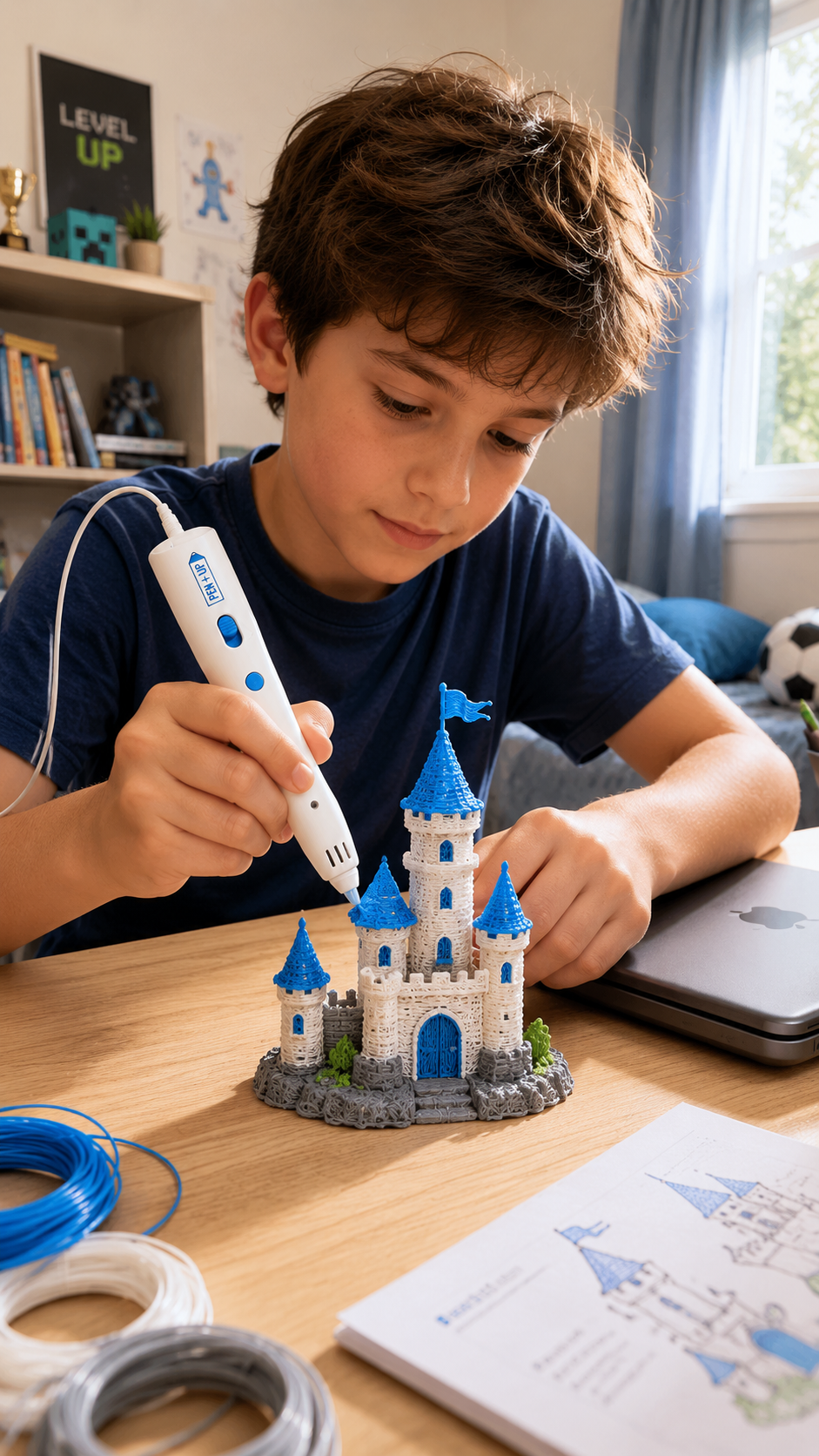 Un pré-ado construit un château blanc et bleu au stylo 3D dans sa chambre, bobines de filament et livret modèle sur le bureau