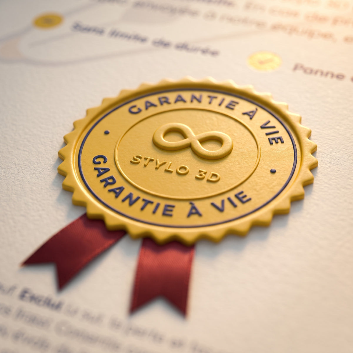 Gros plan sur le sceau dore Garantie a vie du certificat Pen'Up 3D