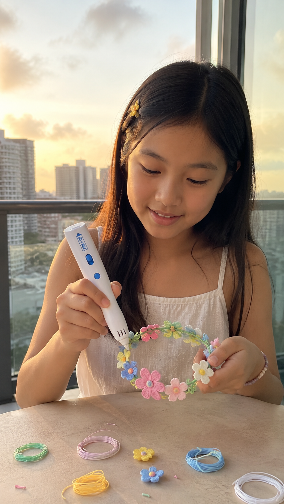 Une fille assemble une couronne de fleurs pastel au stylo 3D sur un balcon au coucher du soleil.