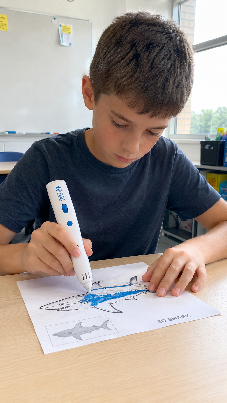 Un garcon d'une dizaine d'annees remplit au stylo 3D Pen'Up le contour d'un requin sur une fiche modele en classe.