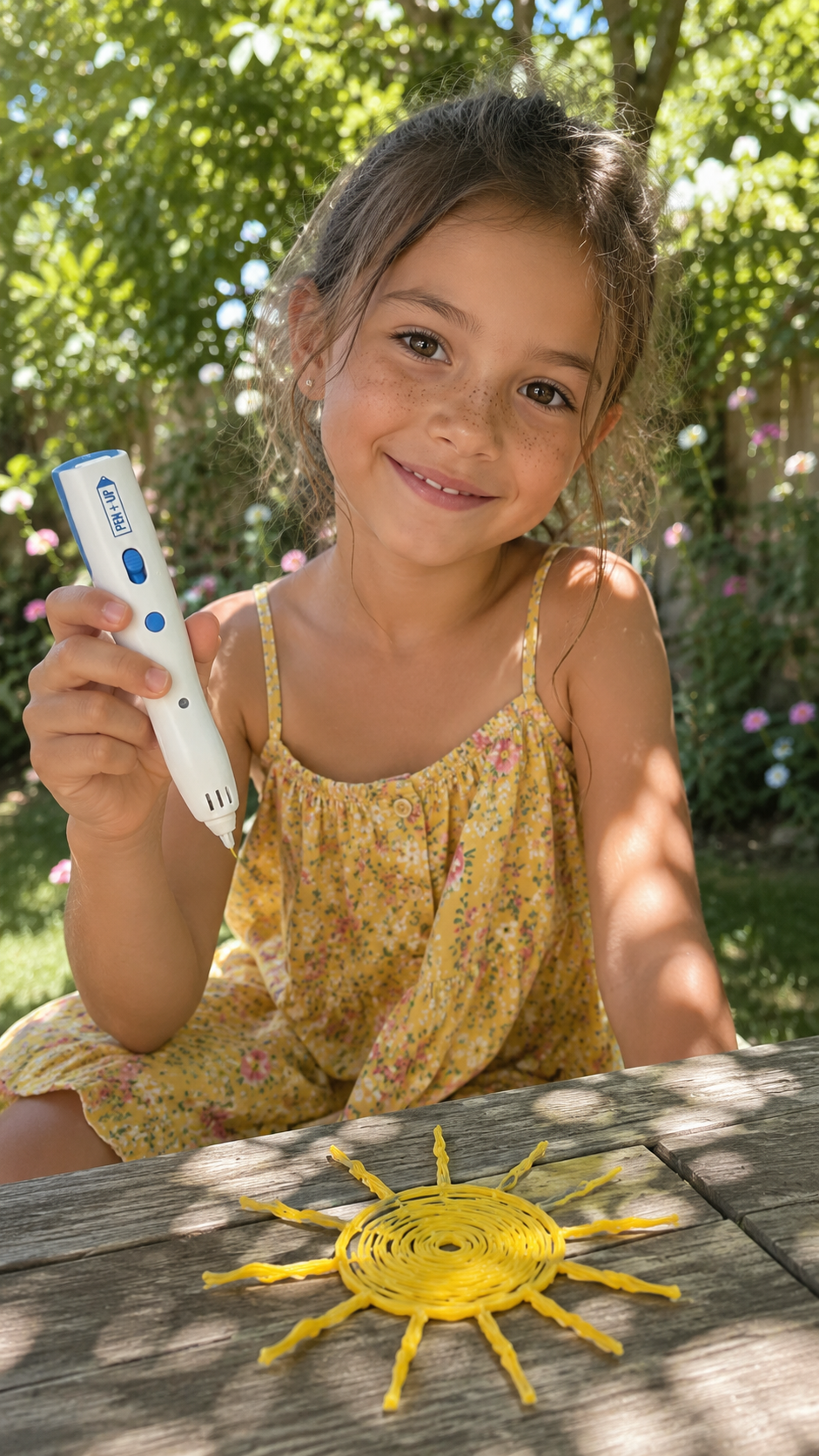 Une fille souriante aux taches de rousseur montre son stylo 3D dans un jardin ensoleille, un grand soleil jaune en filament pose sur la table de pique-nique.