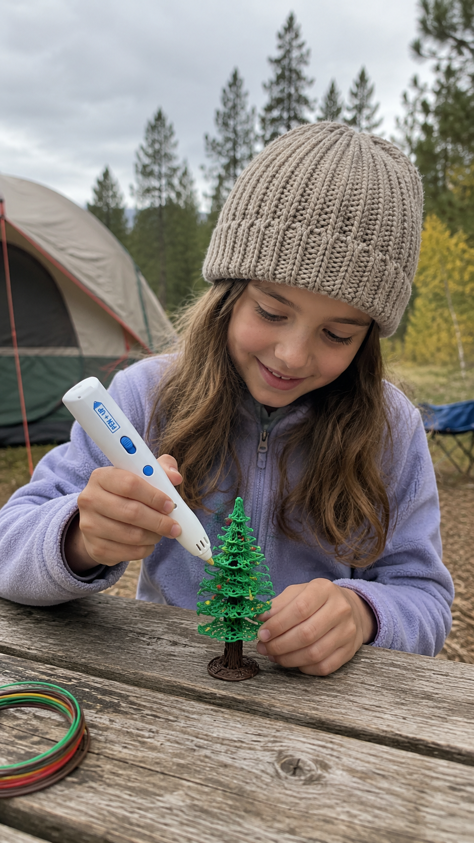 Une fille en bonnet fabrique un sapin en filament vert au stylo 3D sur une table de camping devant une tente.