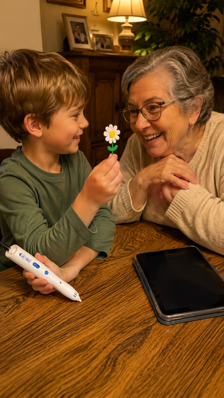 Un garcon montre a sa grand-mere souriante une marguerite en filament 3D qu il vient de creer, le stylo 3D pose dans sa main sur la table.