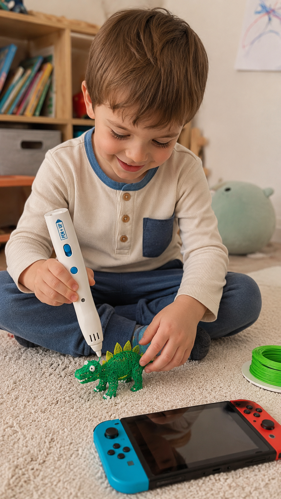 Un jeune garçon souriant assis sur un tapis crée un dinosaure vert au stylo 3D, console Switch posée devant lui