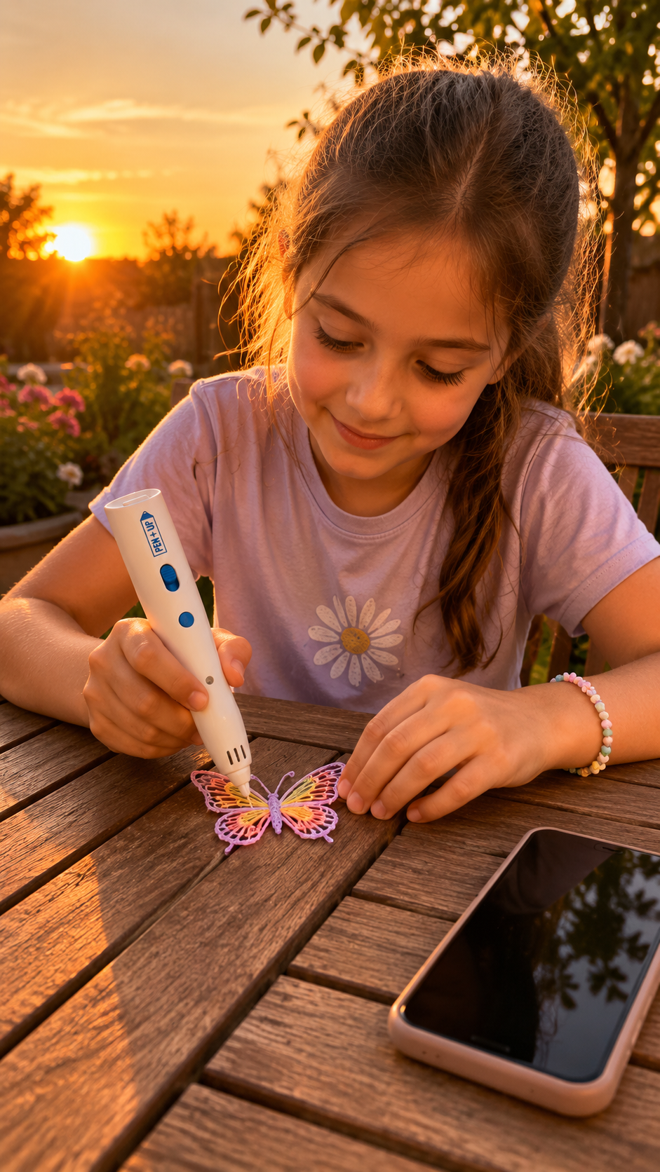Une fille dessine un papillon multicolore au stylo 3D sur une table de jardin au coucher du soleil