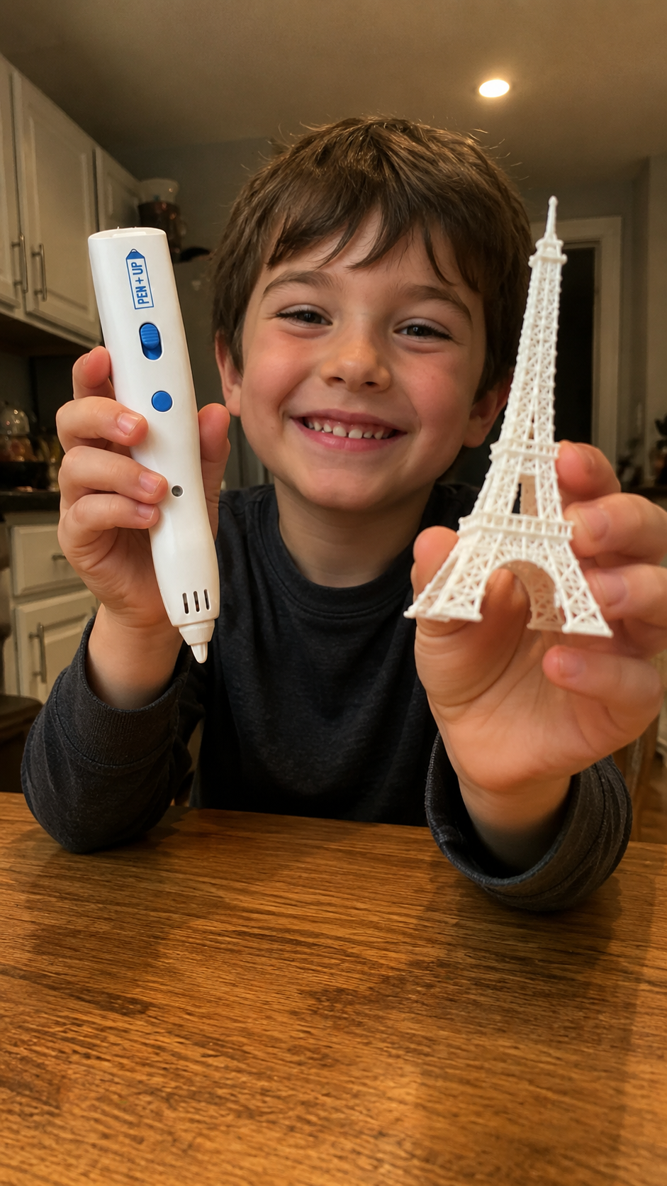 Un garcon souriant face camera tient d une main son stylo 3D et de l autre une tour Eiffel blanche realisee en filament.