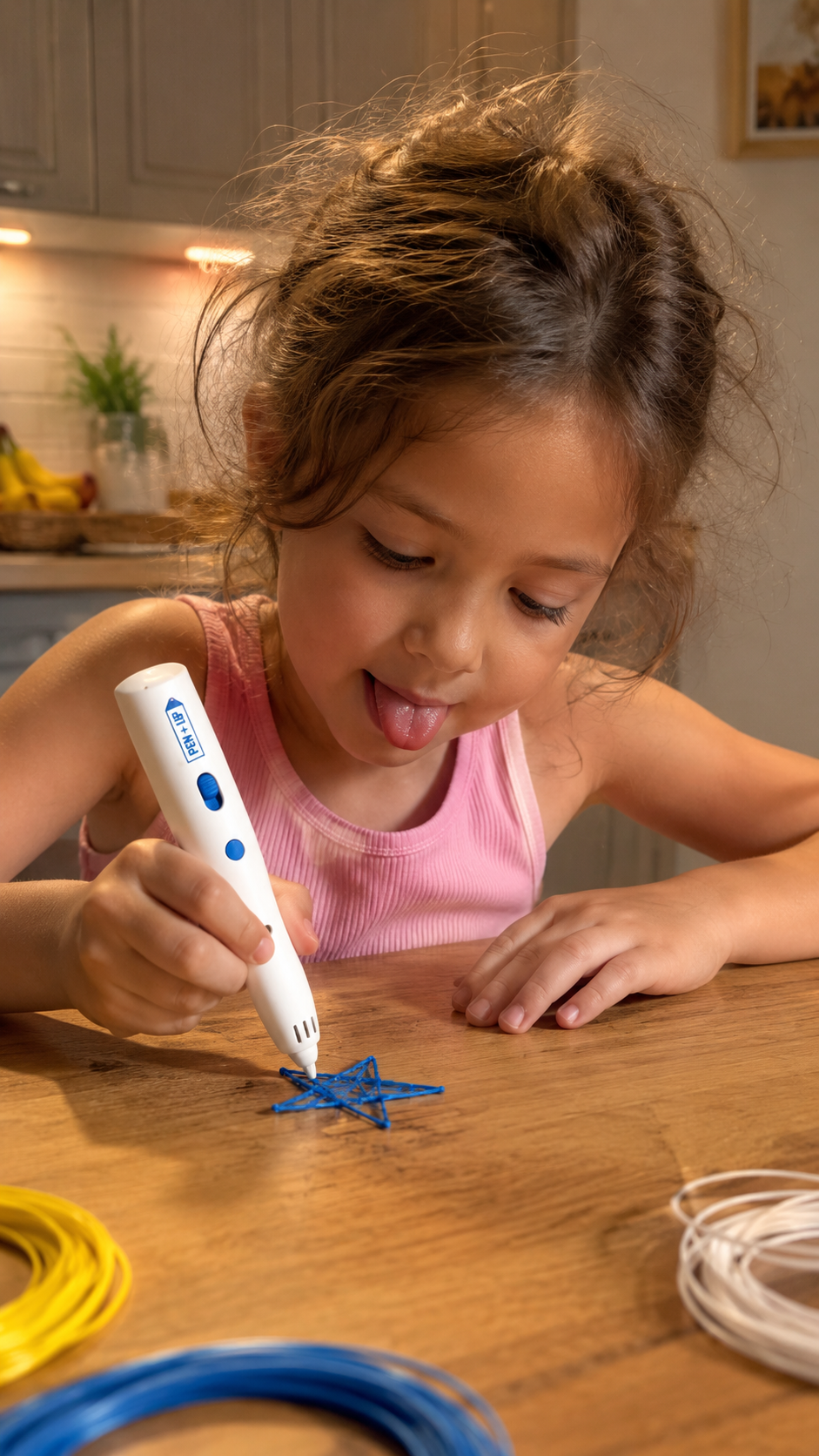 Une petite fille concentree, langue tiree, dessine une etoile bleue au stylo 3D sur une table de cuisine en bois.