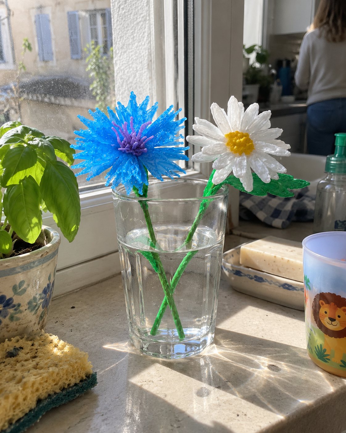Un aciano y una margarita en un vaso de agua sobre el alféizar de una ventana de cocina