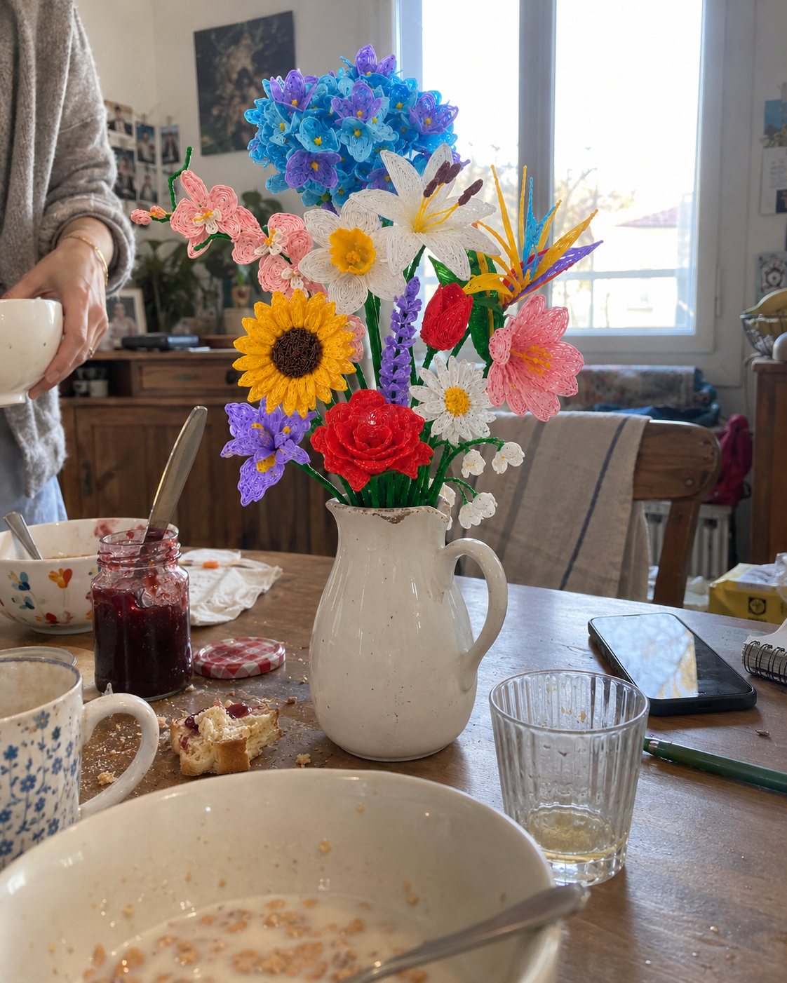 El ramo completo sobre la mesa del desayuno, en una jarra de cerámica