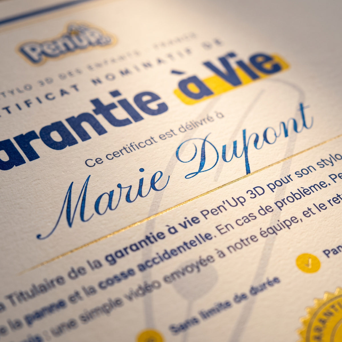 Close-up of the calligraphed name on the Pen'Up 3D Lifetime Warranty certificate