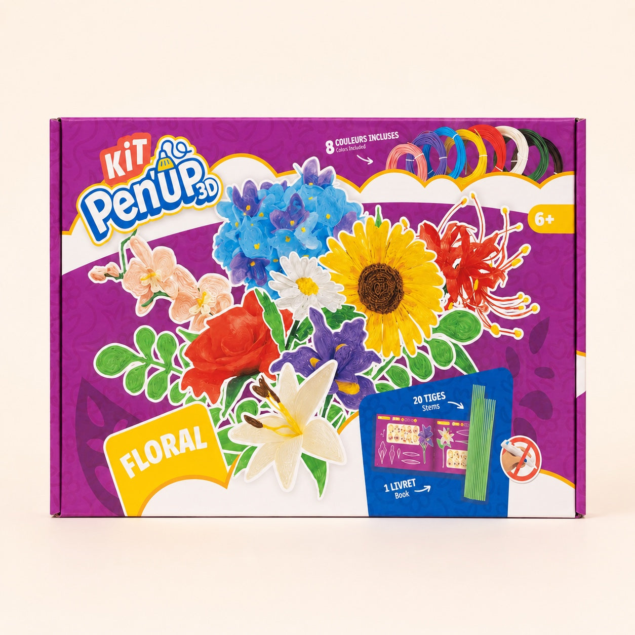 Kit Floral Pen'Up 3D : boite avec 8 couleurs de fil, 20 tiges et 1 livret pour creer des fleurs au stylo 3D